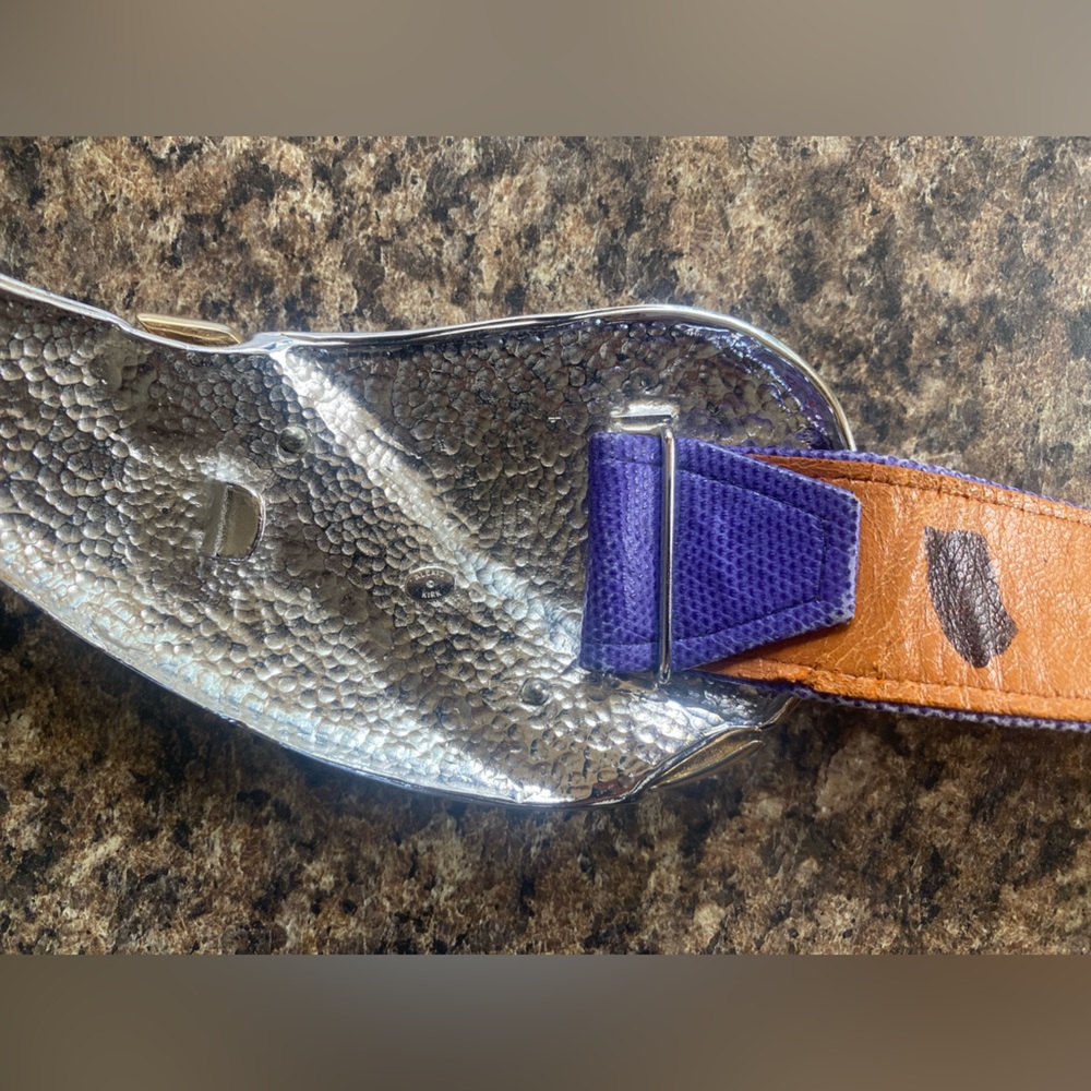 Alexis Kirk Blue and Silver Belt Buckle Adjustable Vintage 80s Leather Metallic - Picture 5 of 5